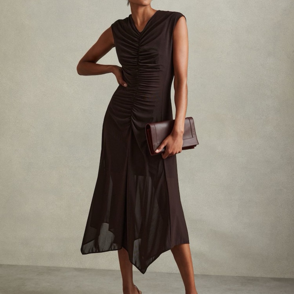 LYRA MESH RUCHED MIDI DRESS IN CHOCOLATE
